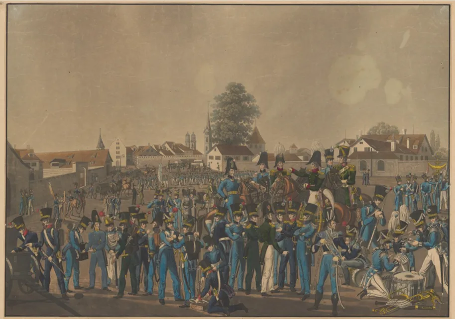 Zürcher Milizen versammeln sich um 1820 auf dem Paradeplatz in Zürich.